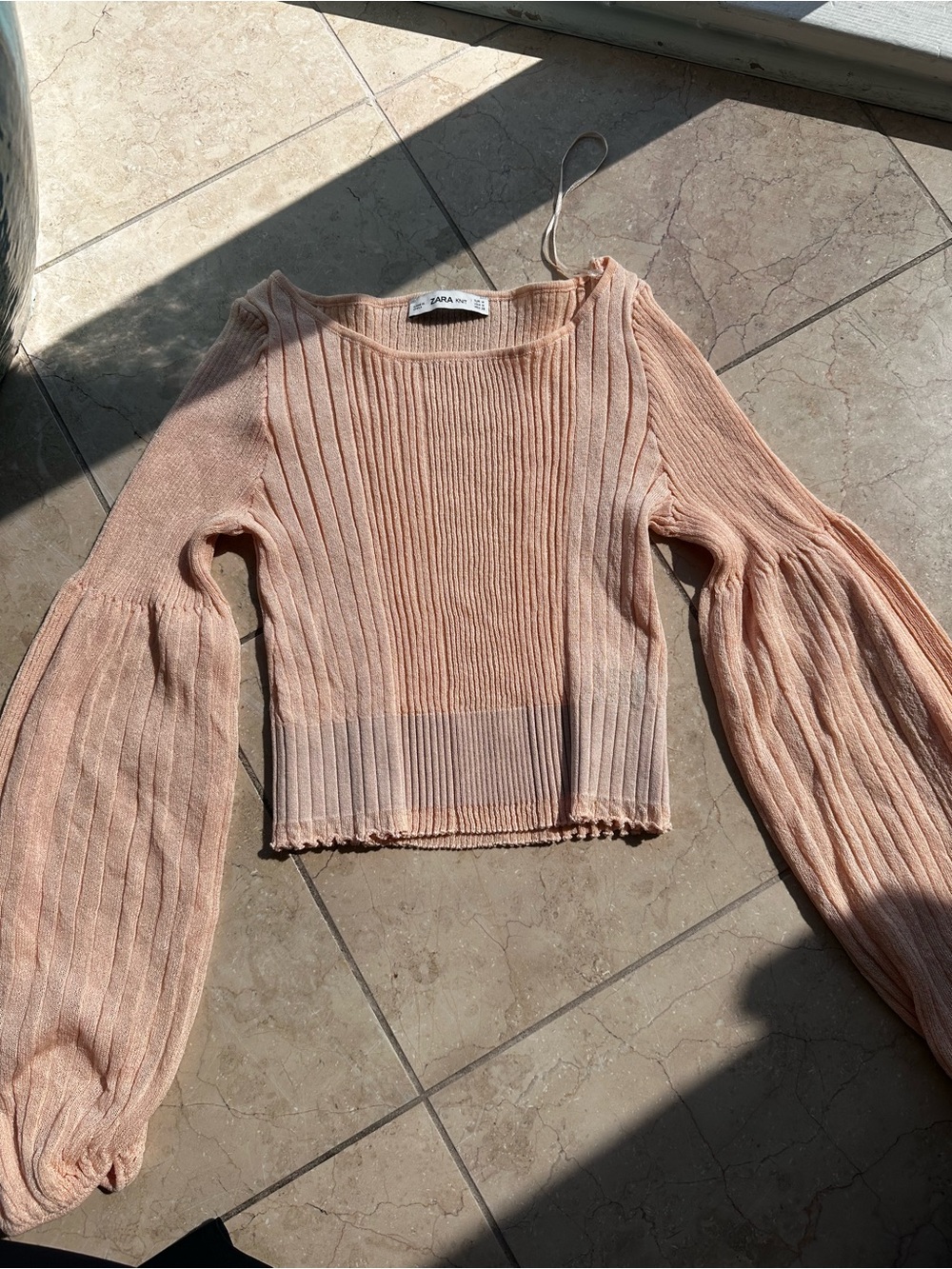Zara Peach Ribbed Balloon-Sleeve Knit Top